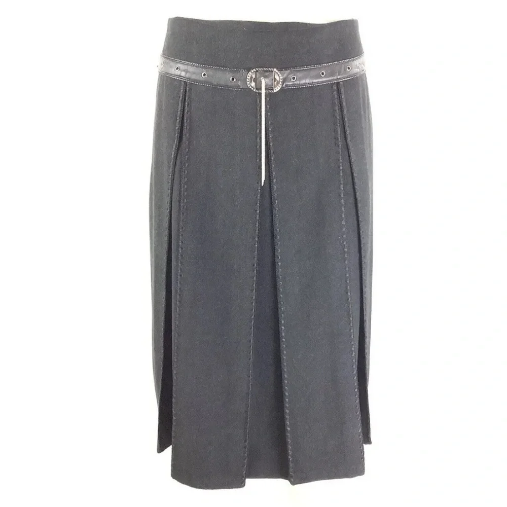Vintage Forwear New York Sz 2 Flare Pleated Skirt Black Polyamide Belt Detail